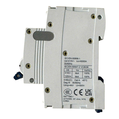A silver metal industrial electrical component with printed technical specifications and certification marks, photographed on a plain white background.