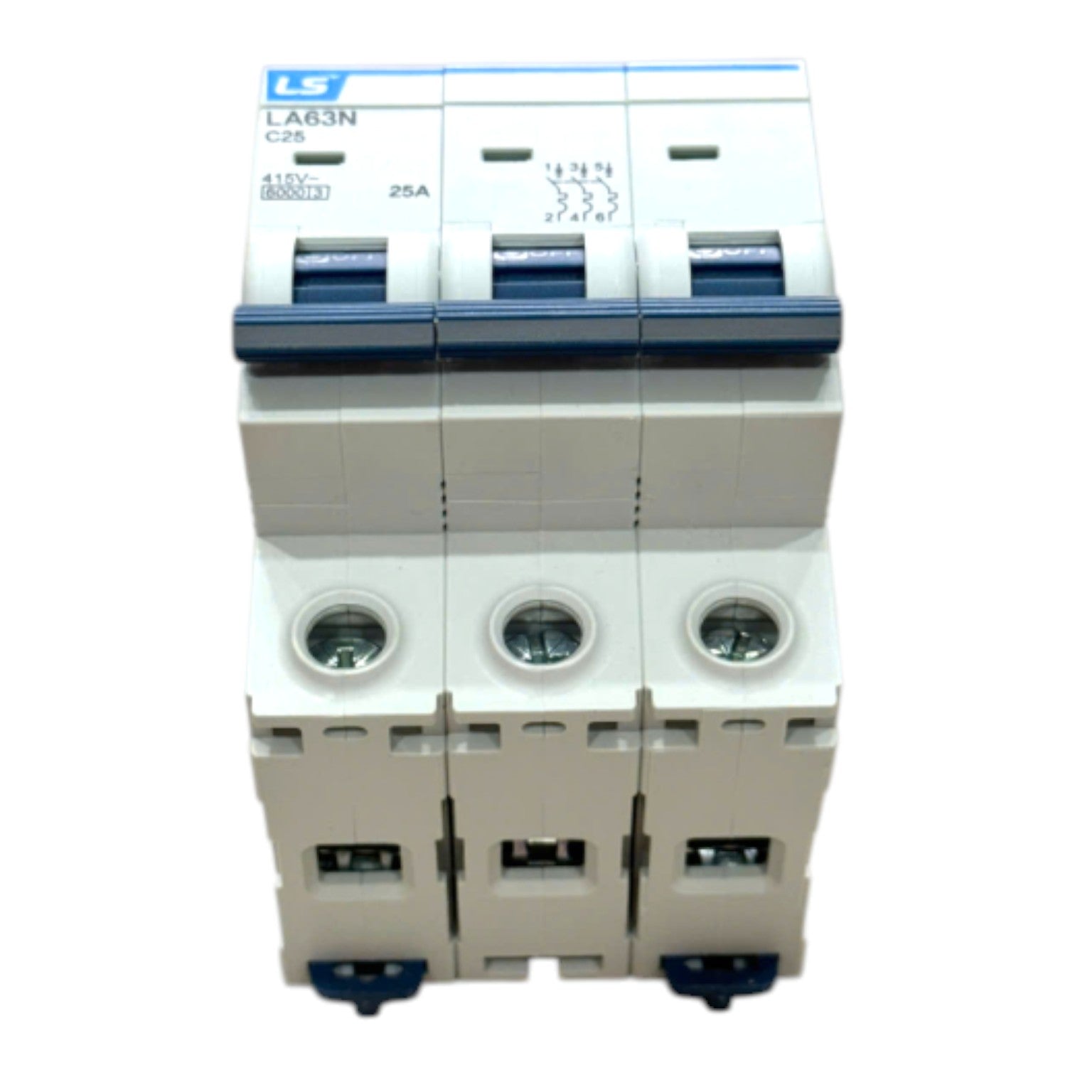 A three-pin modular circuit breaker, model LA63N C25, 25A, featuring a white plastic body with blue accents on the top switch mechanism and terminal covers.