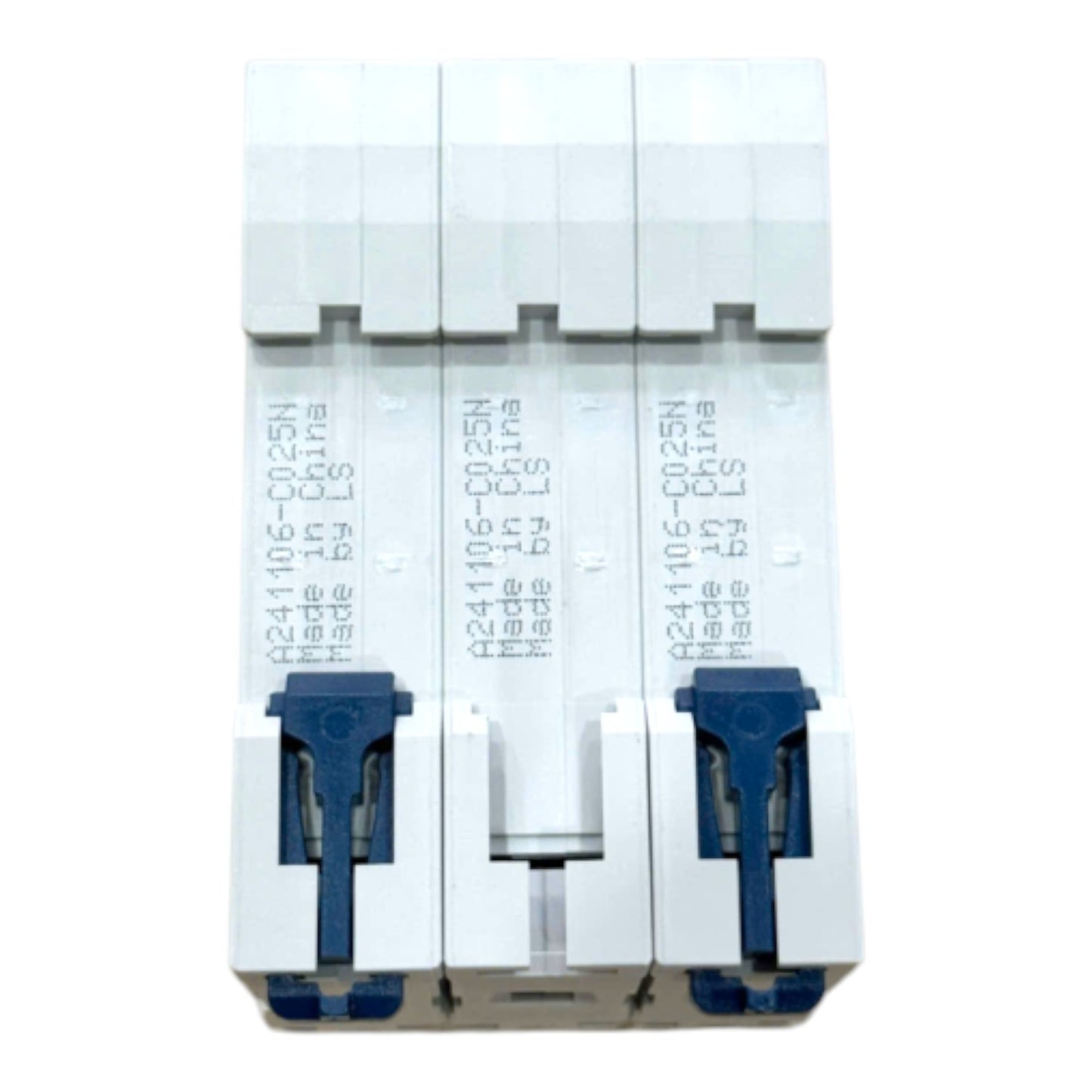 Three modular white electrical circuit breakers with blue latch components, shown from a front-facing perspective on a plain white background.