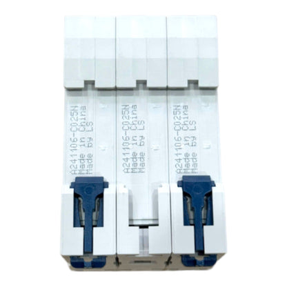 Three modular white electrical circuit breakers with blue latch components, shown from a front-facing perspective on a plain white background.
