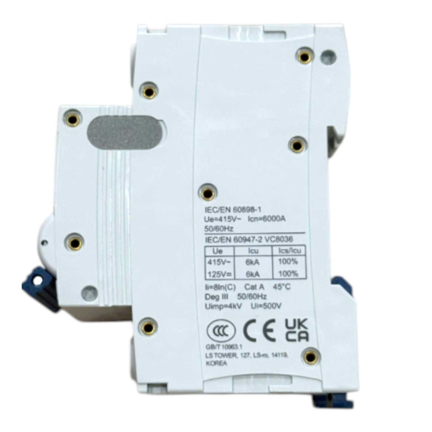 A white electrical circuit breaker or switch component with printed technical specifications and certification marks, photographed on a plain white background.
