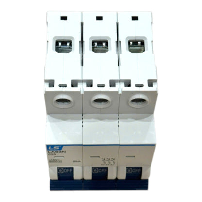 Three modular white circuit breakers stacked vertically, featuring blue accents, a blue bottom base, and individual switch handles in the OFF position, set against a plain white background.