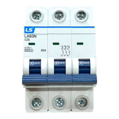 A three-way modular miniature circuit breaker (MCB) with white plastic housing and blue switches, featuring the LS brand logo and model LA63N C25.