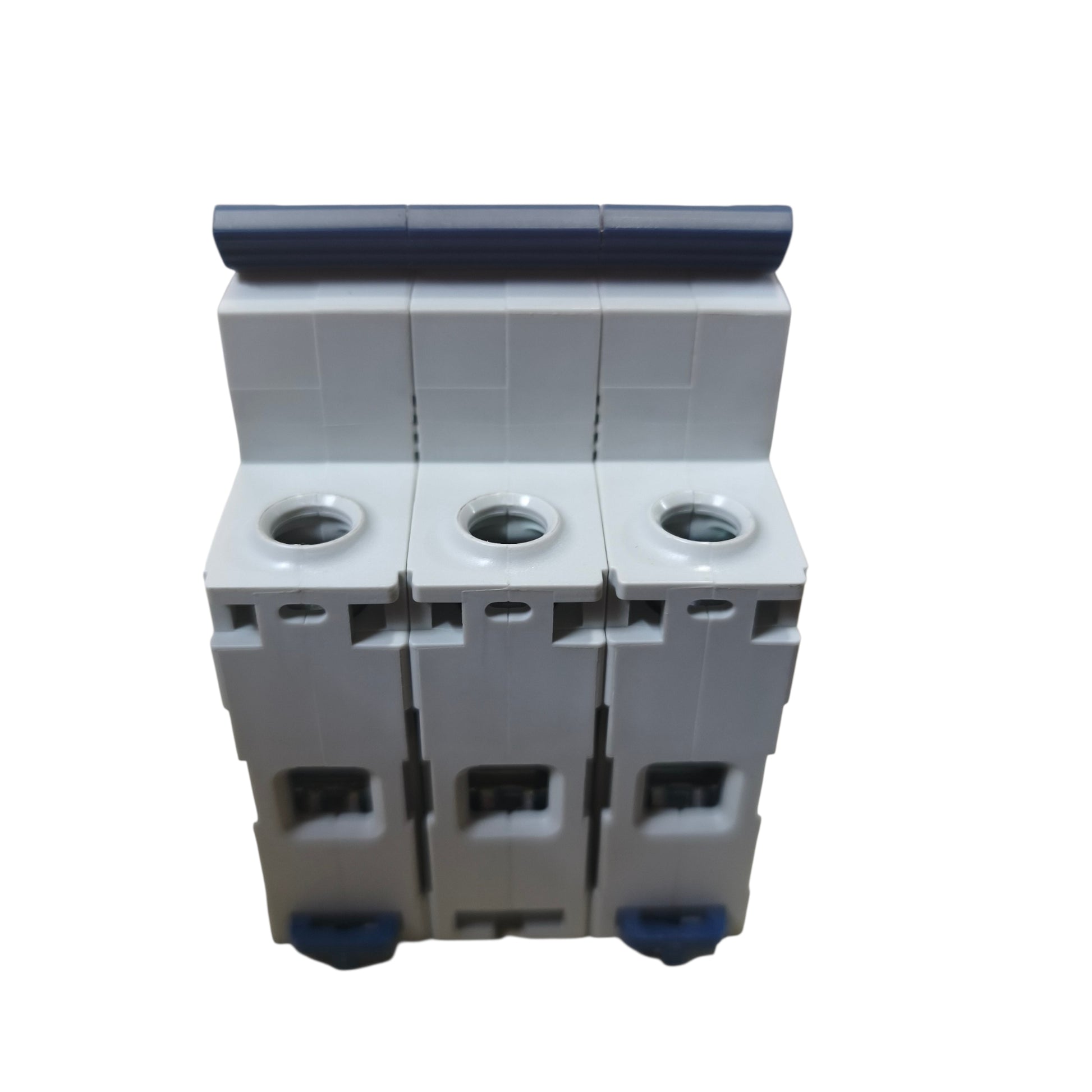 A three-phase modular electrical component, likely a circuit breaker or terminal block, featuring a light gray plastic body with dark blue accents on the top handle and bottom feet, set against a plain white background.