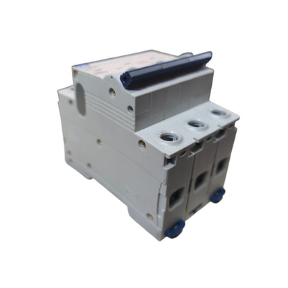 A modular electrical component, likely a circuit breaker or relay module, featuring a light gray plastic housing with blue accents on the lever and terminal caps, set against a plain white background.