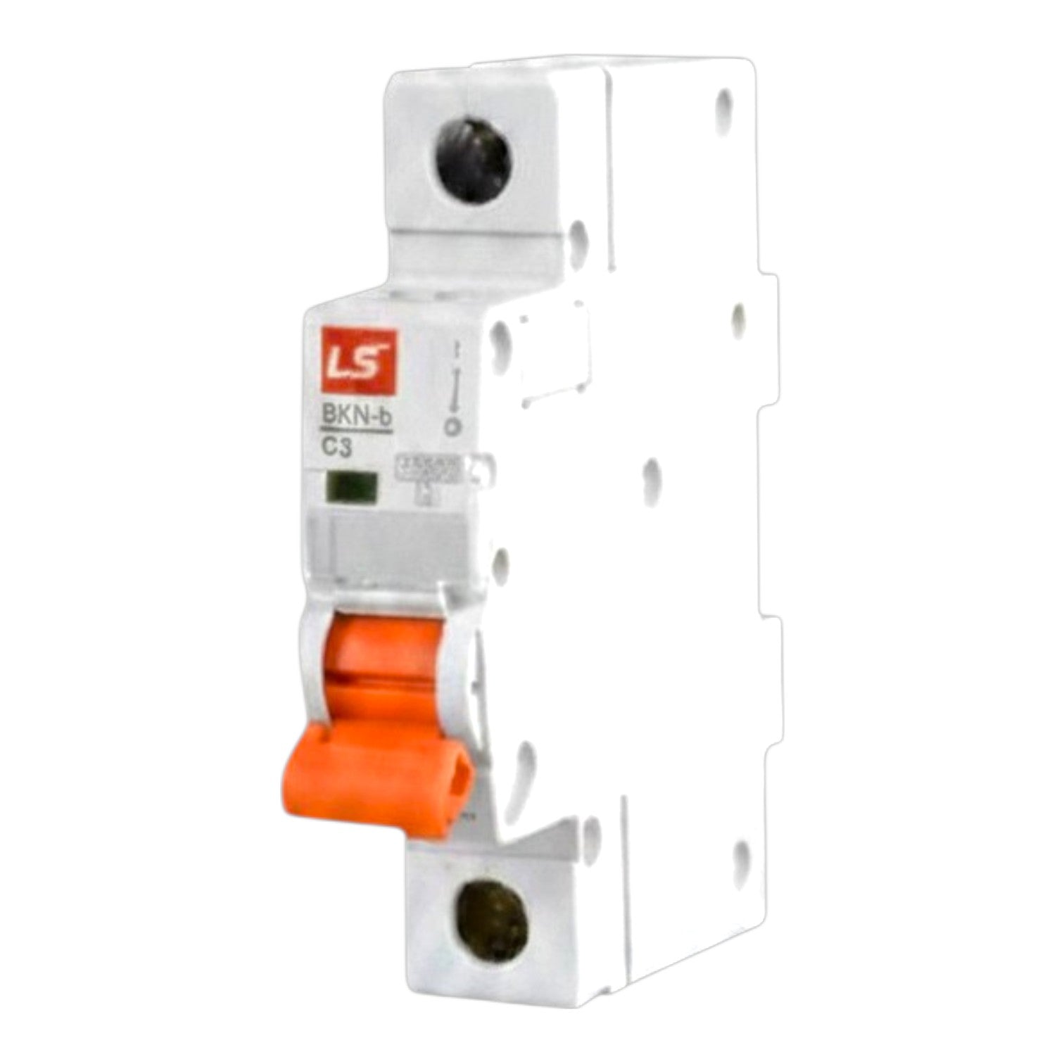 A white plastic single-pole circuit breaker with an orange lever handle and a red LS brand label, shown on a plain white background.