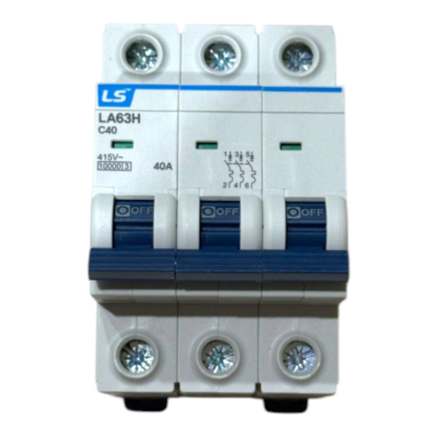 A three-way modular miniature circuit breaker (MCB) with a white plastic body and blue accents, featuring the LS brand logo and LA63H C40 specifications.