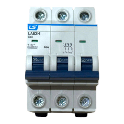 A three-way modular miniature circuit breaker (MCB) with a white plastic body and blue accents, featuring the LS brand logo and LA63H C40 specifications.
