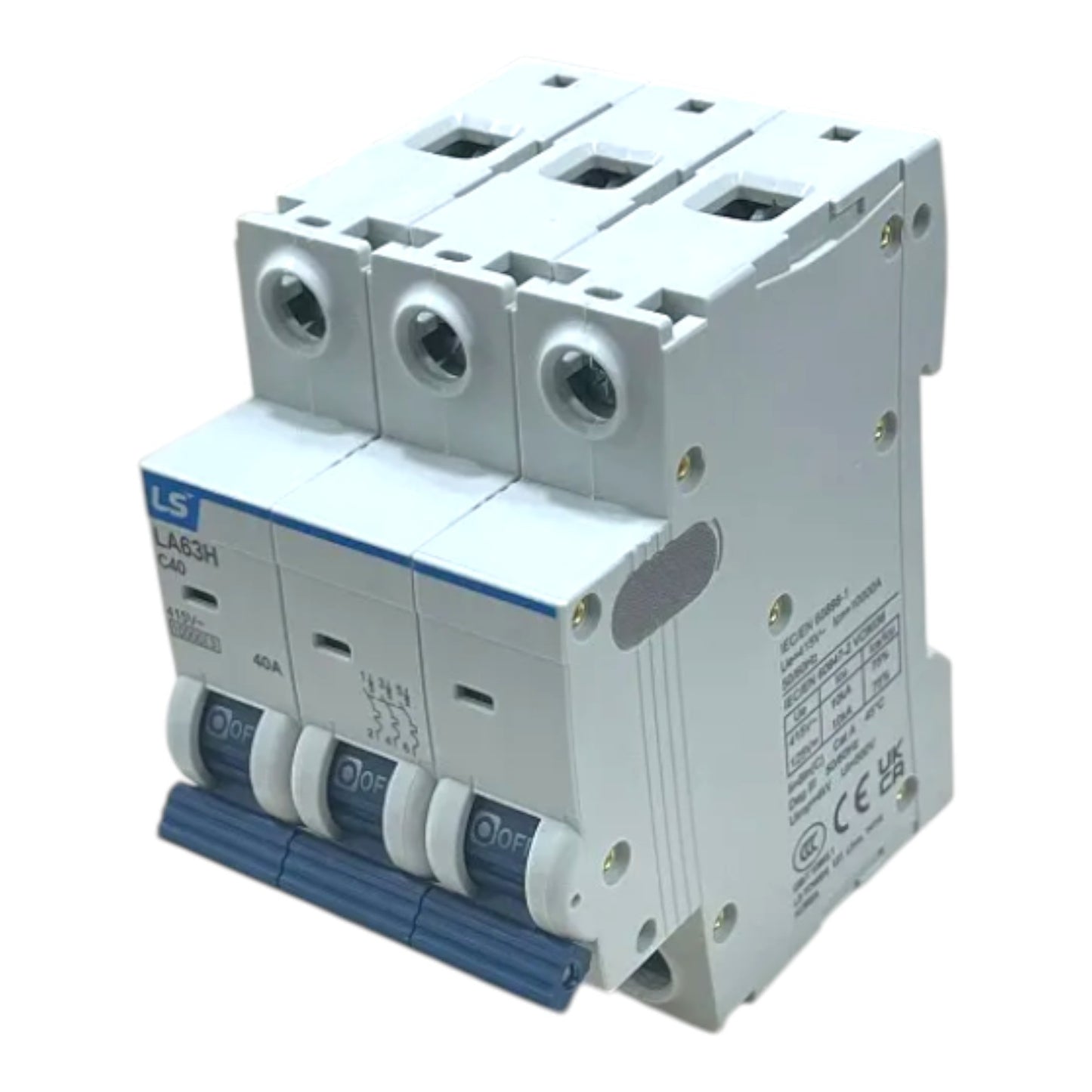 A three-phase 4-pole modular electrical circuit breaker, model LA63H C20, featuring a white plastic housing with blue accents on the switch levers and brand label.
