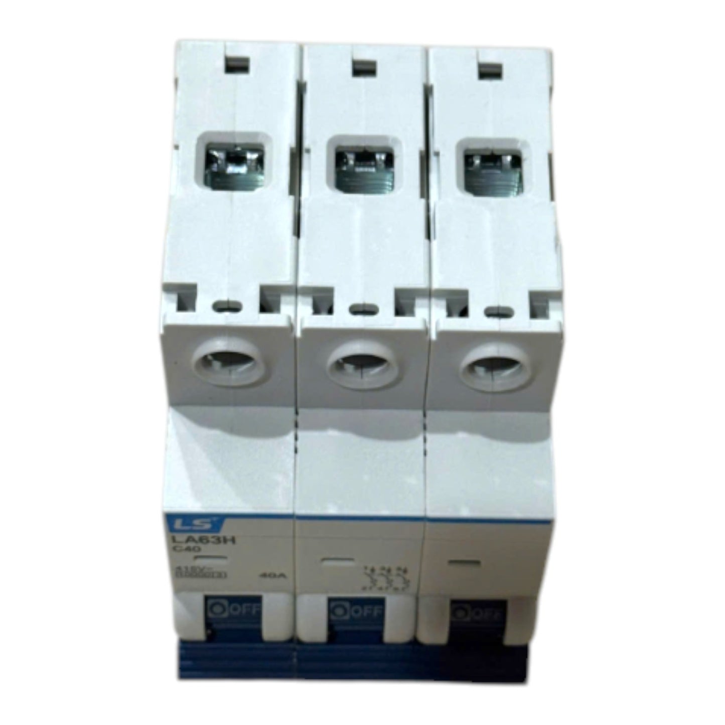 Three modular white circuit breakers stacked vertically, featuring blue accents and a blue base, photographed against a plain white background.