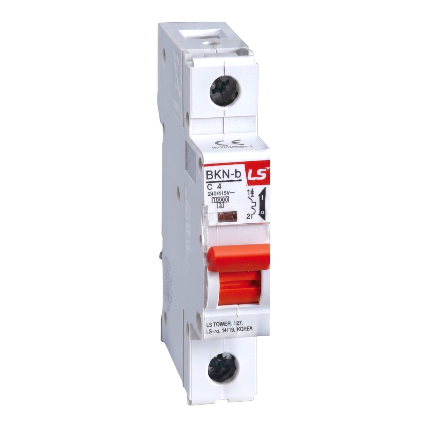A white plastic modular circuit breaker with a red lever handle and a red and white BKN-b LS brand label, shown on a plain white background.
