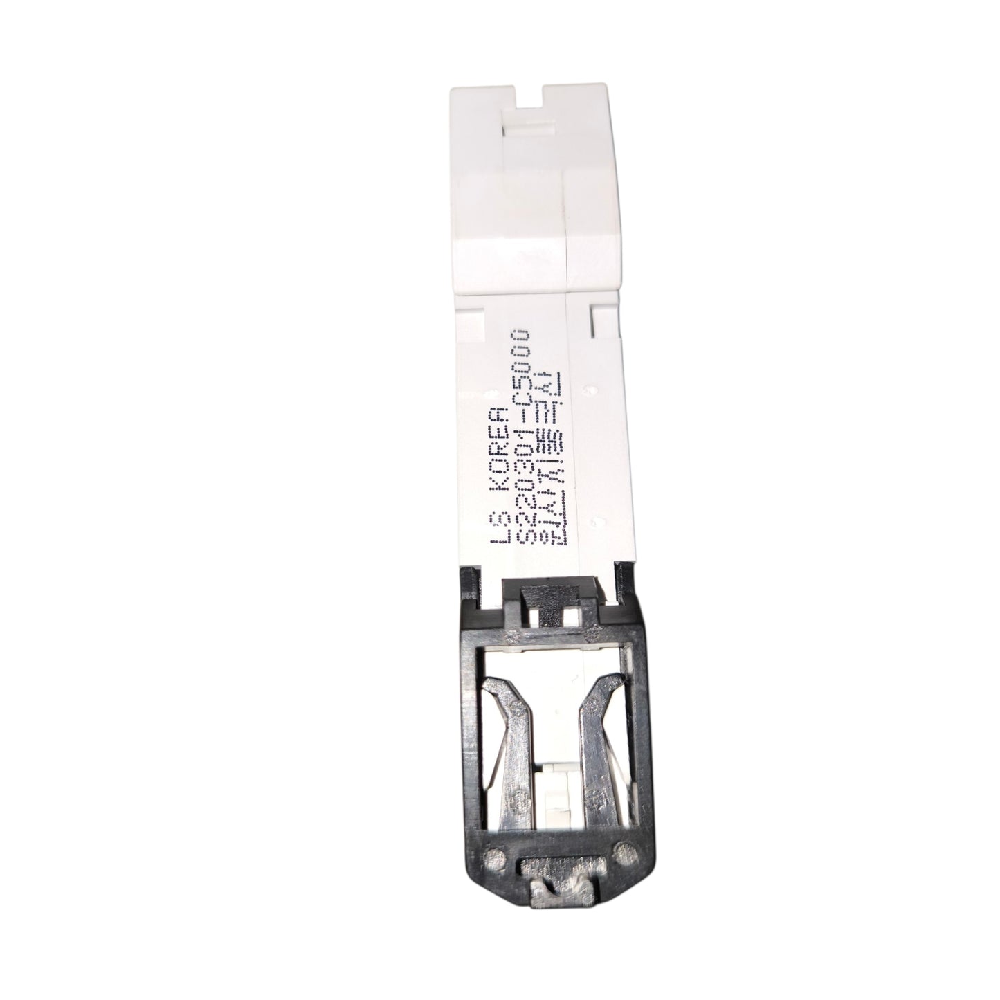 A white and black electrical component, likely a circuit breaker or terminal block, with printed specifications on its white body, shown against a plain white background.