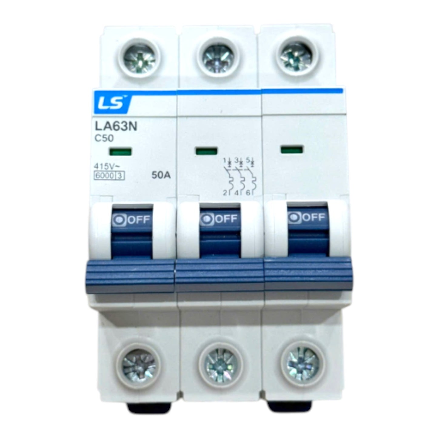 A three-pin modular miniature circuit breaker (MCB) with white plastic housing, blue accents, and three toggle switches in the OFF position. The brand 'LS' is clearly visible on the front label.