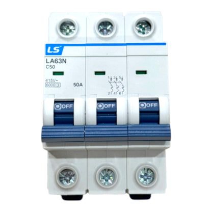 A three-pin modular miniature circuit breaker (MCB) with white plastic housing, blue accents, and three toggle switches in the OFF position. The brand 'LS' is clearly visible on the front label.