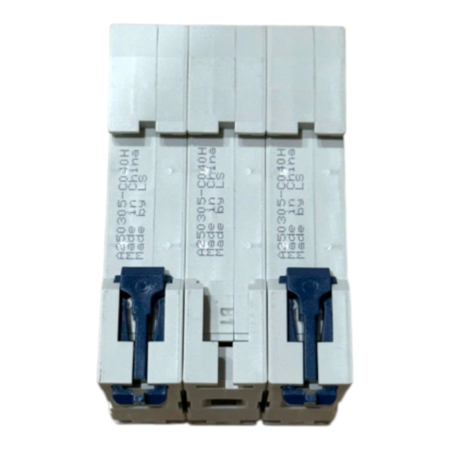 Three modular white electrical circuit breakers with blue handles and printed technical specifications, shown against a plain white background.