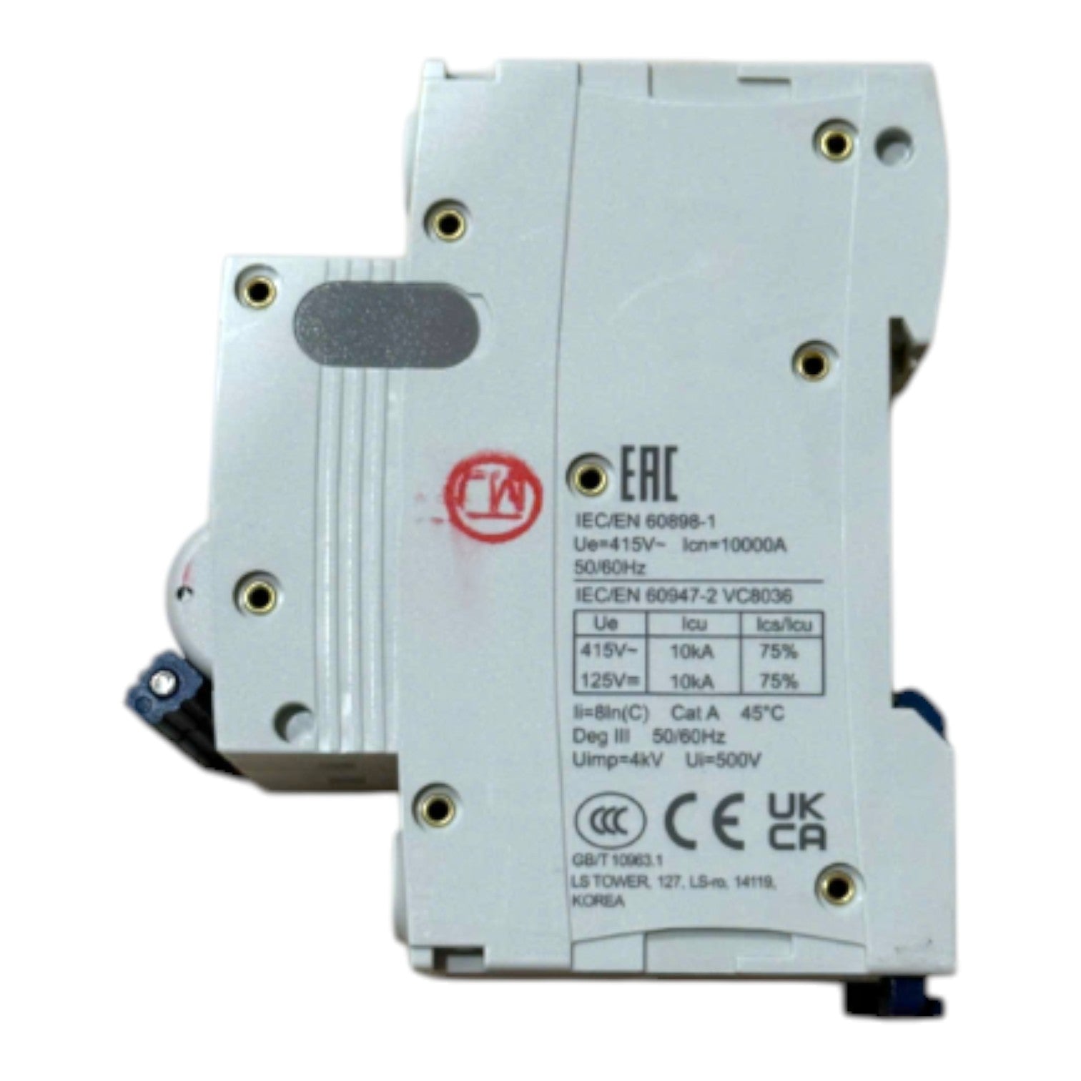 An EAC brand modular electrical component, specifically a DIN rail module, shown against a plain white background. The unit is primarily light gray with a white front faceplate, featuring printed technical specifications and various certification logos.