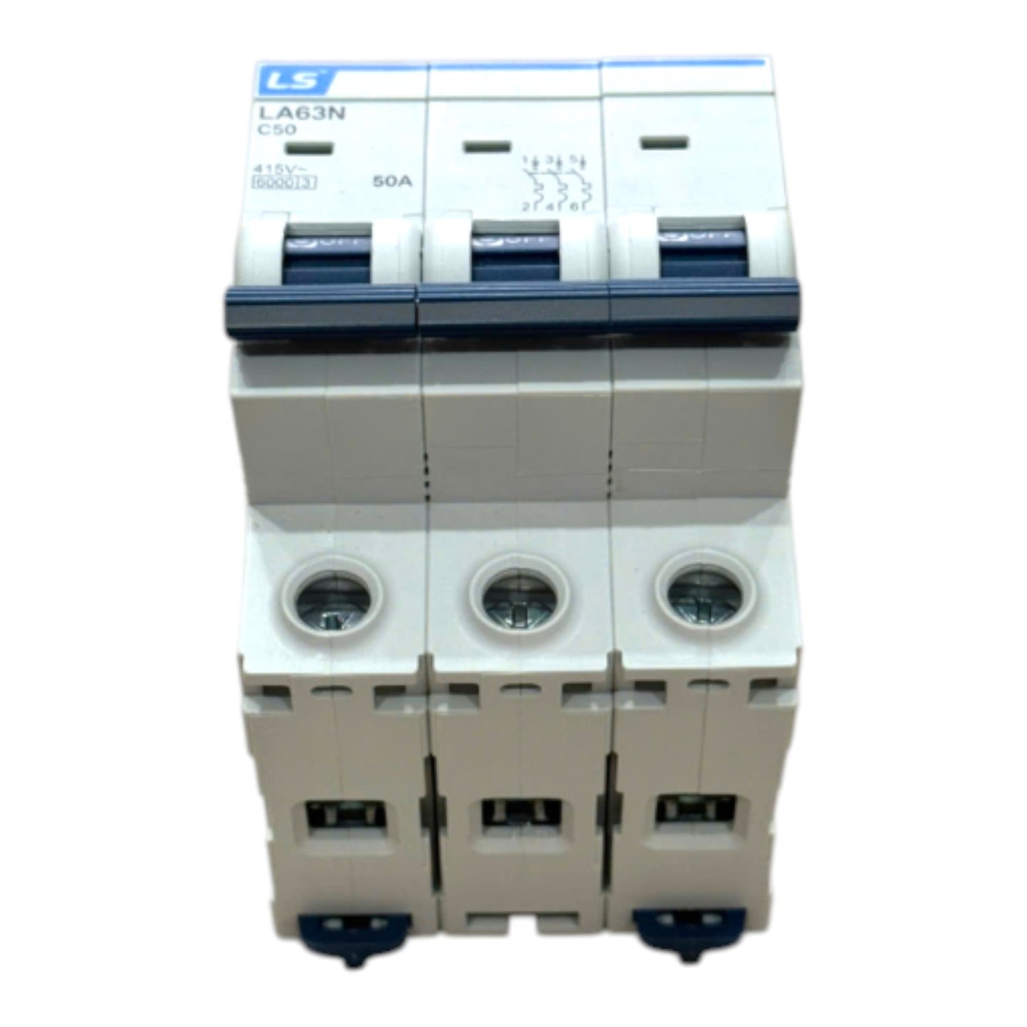 A three-phase modular circuit breaker module with a white plastic body and dark blue switch levers, shown against a plain white background.