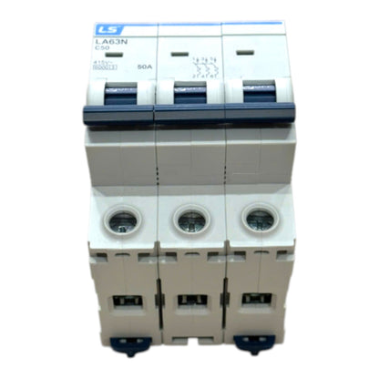 A three-phase modular circuit breaker module with a white plastic body and dark blue switch levers, shown against a plain white background.