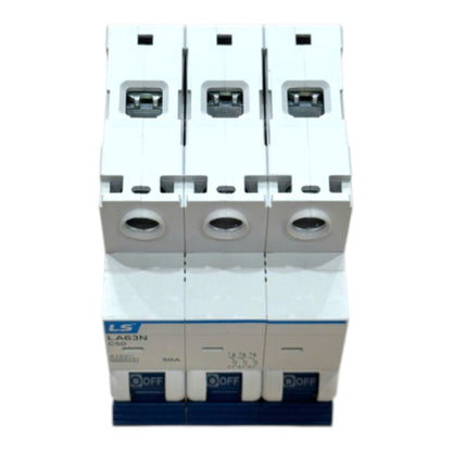 Three white modular circuit breakers stacked vertically, featuring blue accents and a blue base, photographed against a plain white background.