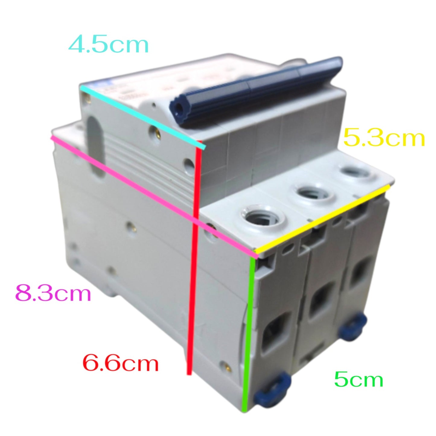 A small molded electrical component shown on a plain white background with colored measurement lines and text labels indicating dimensions: 4.5cm, 5.