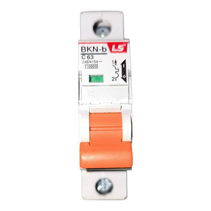 A single-pole circuit breaker with a white plastic housing, an orange handle, and a front label showing the brand 'LS' and model 'BKN-b'.