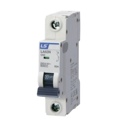An LS brand modular circuit breaker, model LA63N C63, featuring a white plastic housing, a blue and white front label, and a dark blue switch handle, shown on a plain white background.