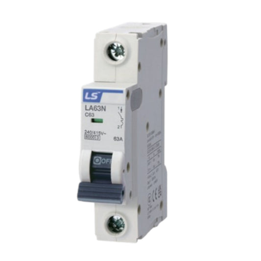An LS brand modular circuit breaker, model LA63N C63, featuring a white plastic housing, a blue and white front label, and a dark blue switch handle, shown on a plain white background.