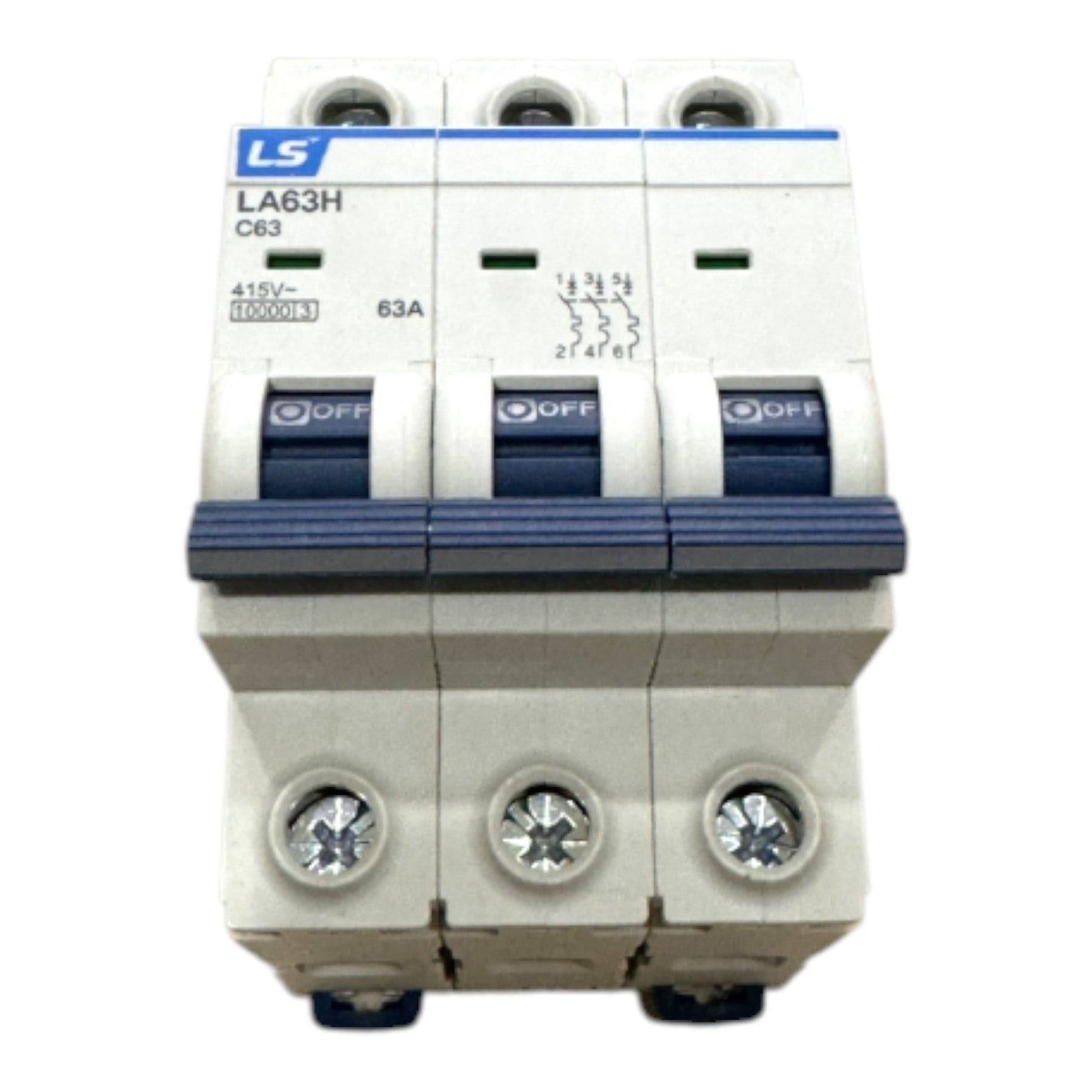 A three-way modular circuit breaker (MCB) with a white plastic body, blue switches, and a blue and white LS brand label on the top left.