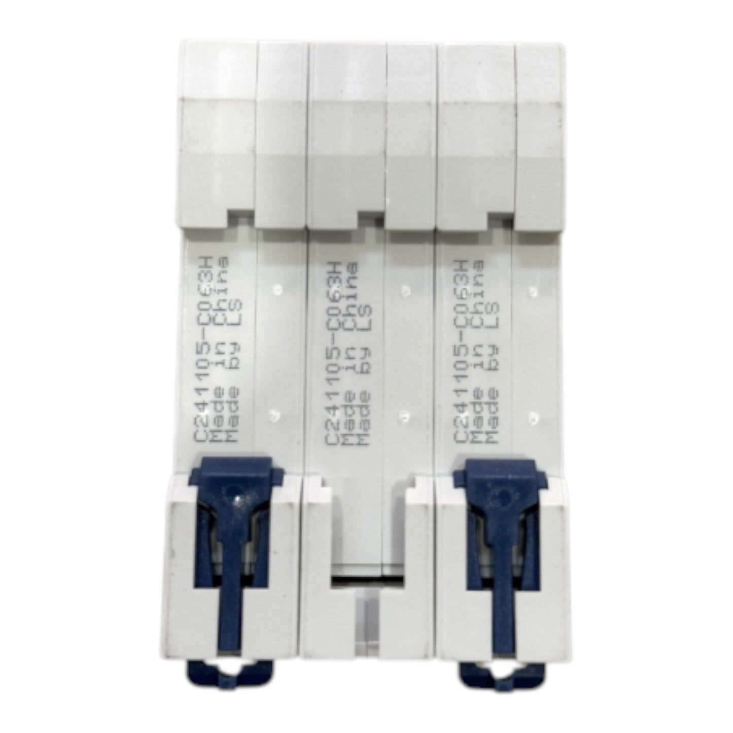 Three modular white electrical circuit breakers with blue latch handles, shown against a plain white background.