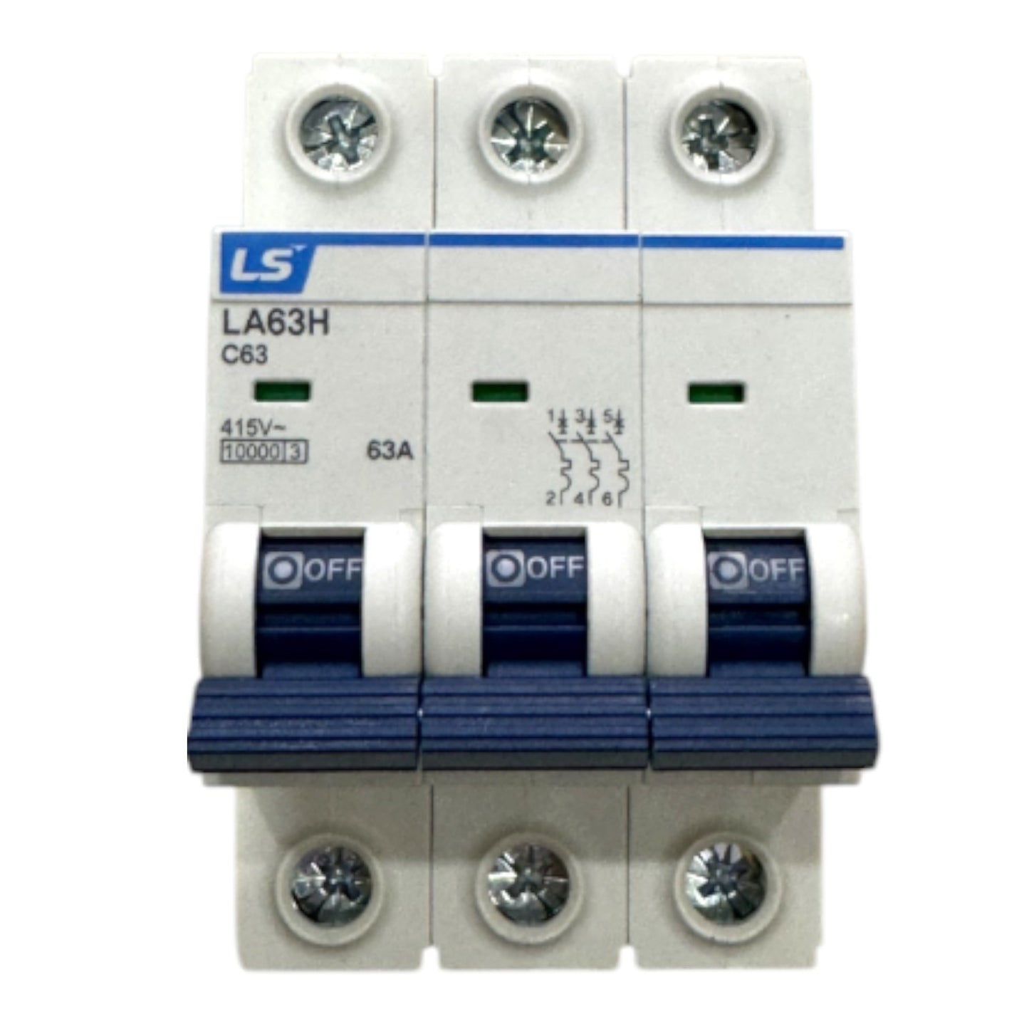 A three-way modular miniature circuit breaker (MCB) with white plastic housing, blue accents, and three separate switch handles in the OFF position. The brand 'LS' is visible on the front label.