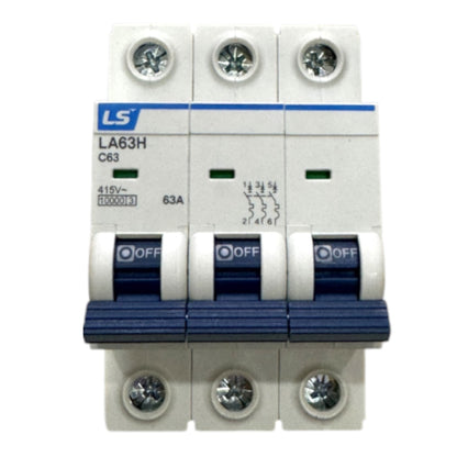 A three-way modular miniature circuit breaker (MCB) with white plastic housing, blue accents, and three separate switch handles in the OFF position. The brand 'LS' is visible on the front label.
