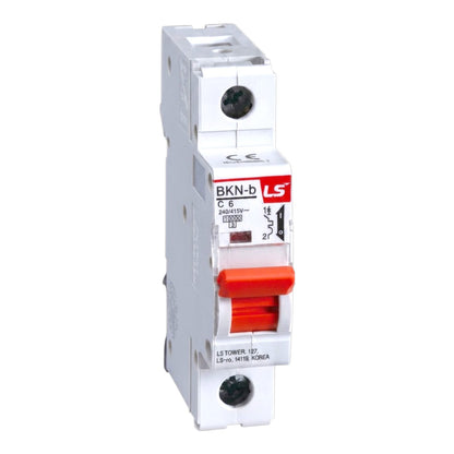 A BKN-b brand LS TOWER 16A single-pole circuit breaker with a white plastic housing, red switch handle, and red and black label details, shown on a plain white background.