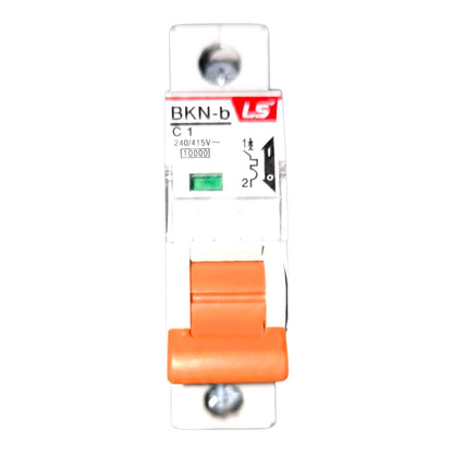 A single-pole circuit breaker with an orange handle and white plastic housing, featuring a red and white LS BKN-b label, shown against a plain white background.