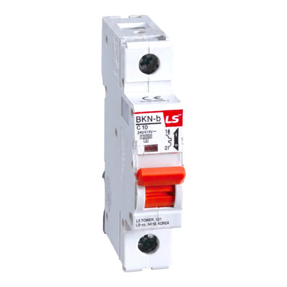 LS BKN-b C10 miniature circuit breaker with a white plastic housing, red switch handle, and red and white brand label.