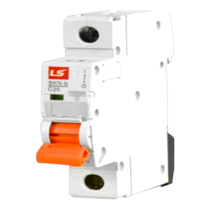 A white plastic BSBN-b C25 circuit breaker with an orange lever handle and a red LS logo on the front, isolated on a white background.
