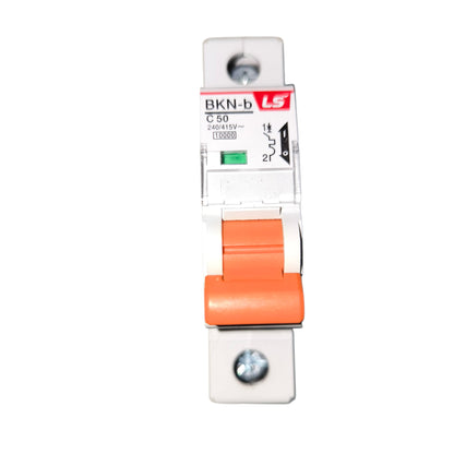 An LG BKN-b C50 miniature circuit breaker with a white plastic housing, orange handle, and silver metal terminal blocks, shown on a plain white background.