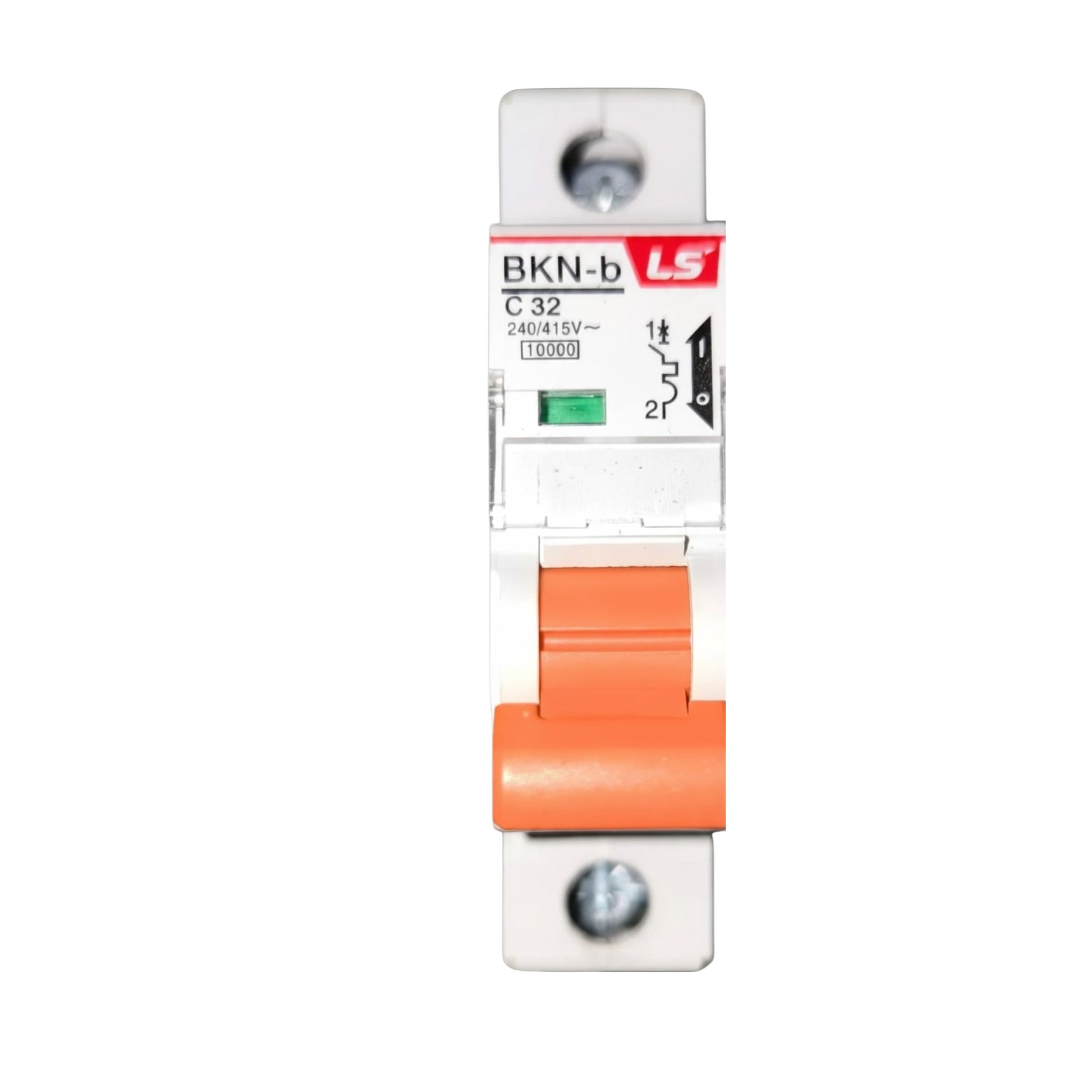 A single-pole circuit breaker with a white plastic housing, an orange handle, and a white label featuring the red and black 'LS BKN-b' branding.