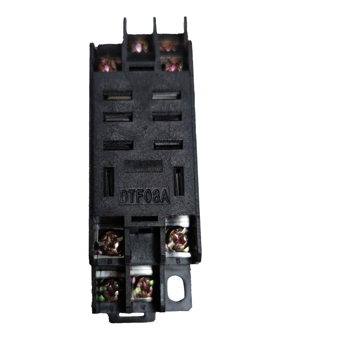 A black plastic electrical contactor or relay component with terminal blocks and metallic screw contacts, labeled DTF08A, shown on a plain white background.