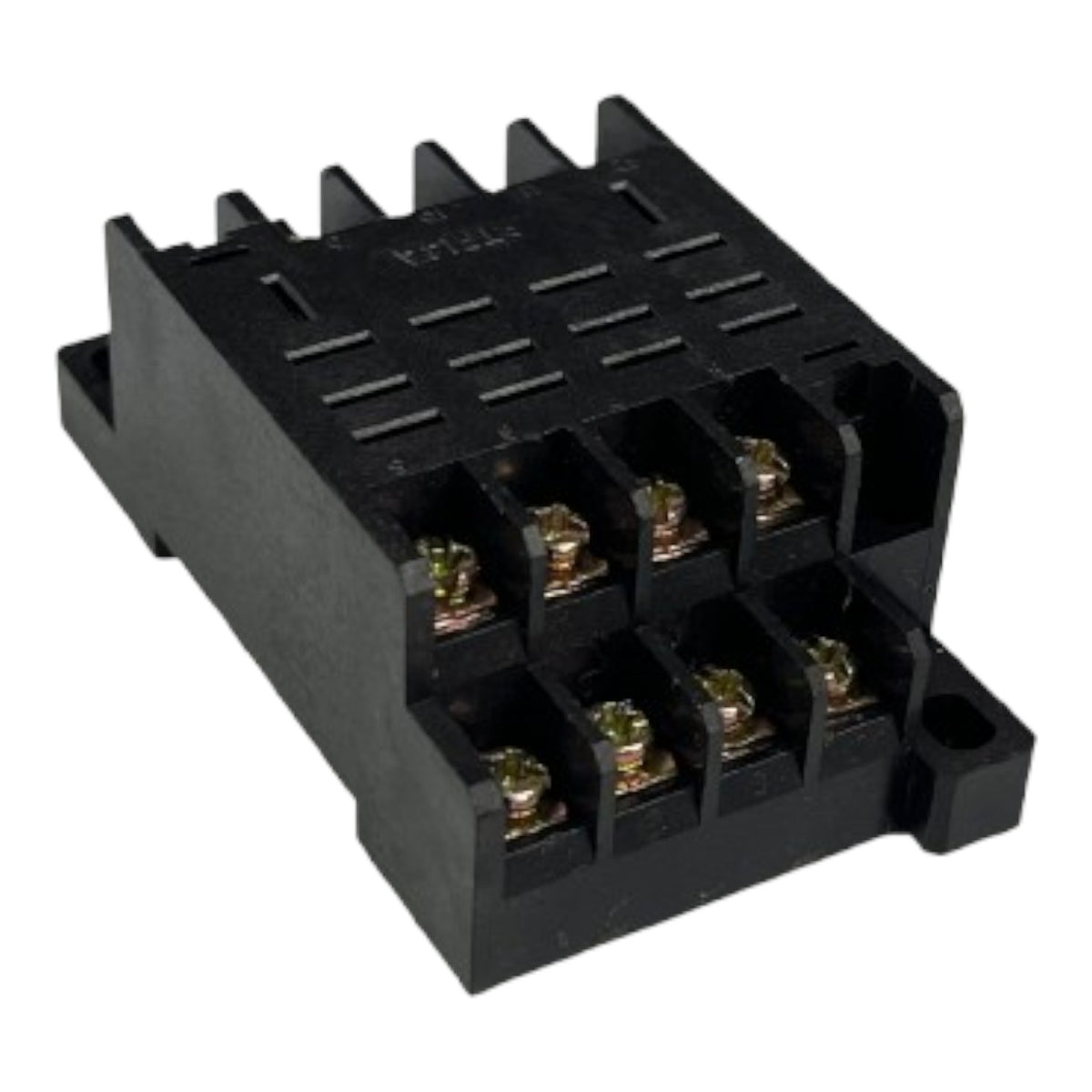 A black plastic electrical terminal block with six screw terminals, shown on a plain white background.