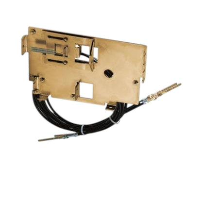 A brass-colored metal mechanical component with black cables and metal rods, isolated on a white background.