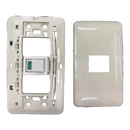 White plastic switch and socket cover on a white background