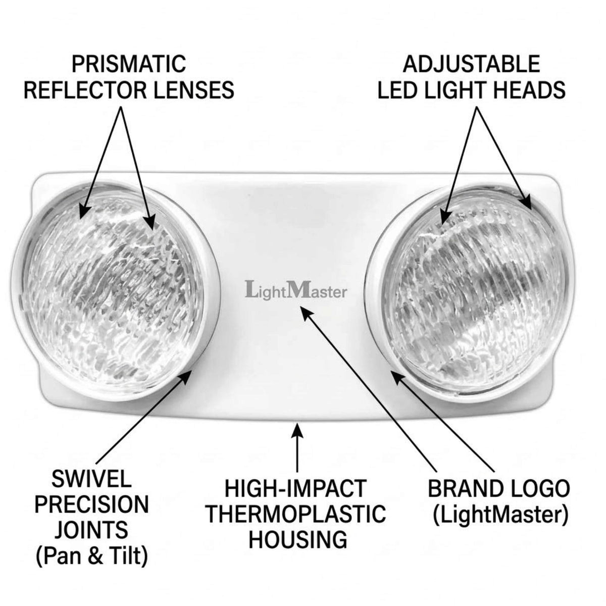 A technical product diagram of a LightMaster outdoor light fixture with callout labels pointing to prismatic reflector lenses, adjustable LED light heads, swivel precision joints, high-impact thermoplastic housing, and the brand logo.