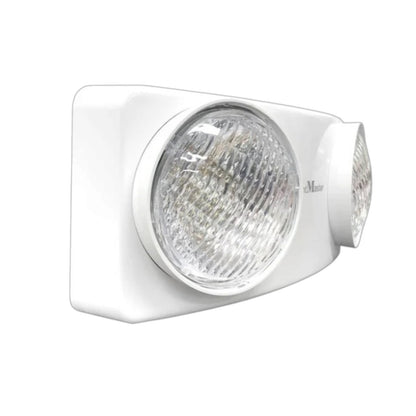 A white dual-head emergency exit wall light with a large round primary lamp and a smaller side lamp, shown on a plain white background.