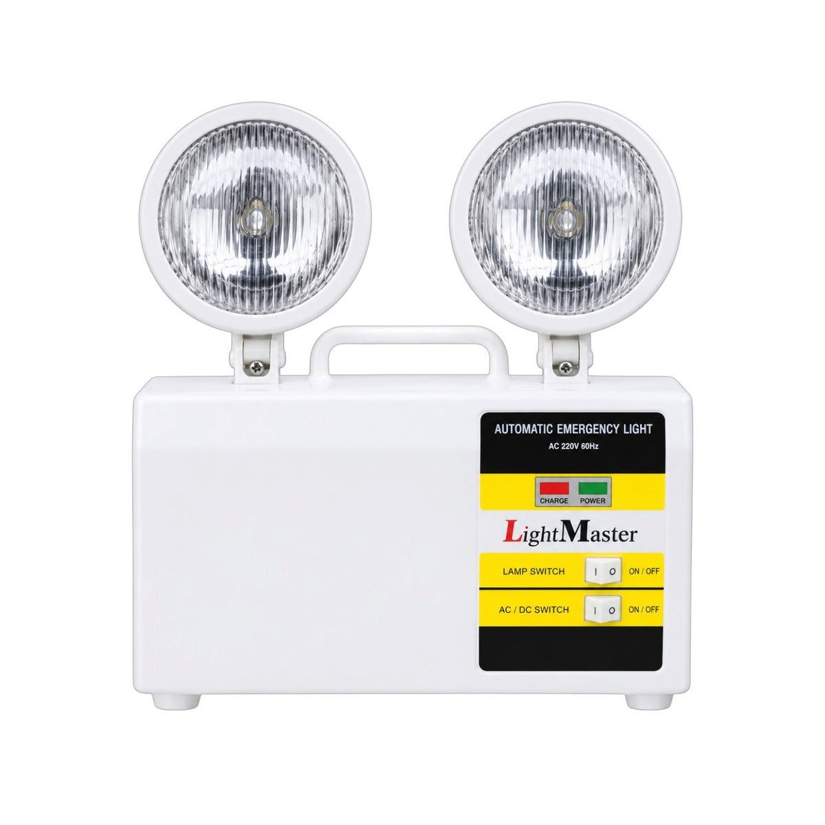 A white LightMaster automatic emergency light with two round LED lamps and a front control panel, shown on a plain white background.