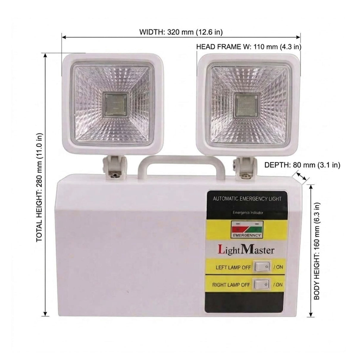 A dual-head emergency light with dimension labels showing width, depth, and total height on a white background.