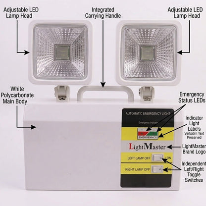 White emergency floodlight with two adjustable LED lamp heads, a carrying handle, and a LightMaster control panel, shown with callout labels pointing to features and controls.