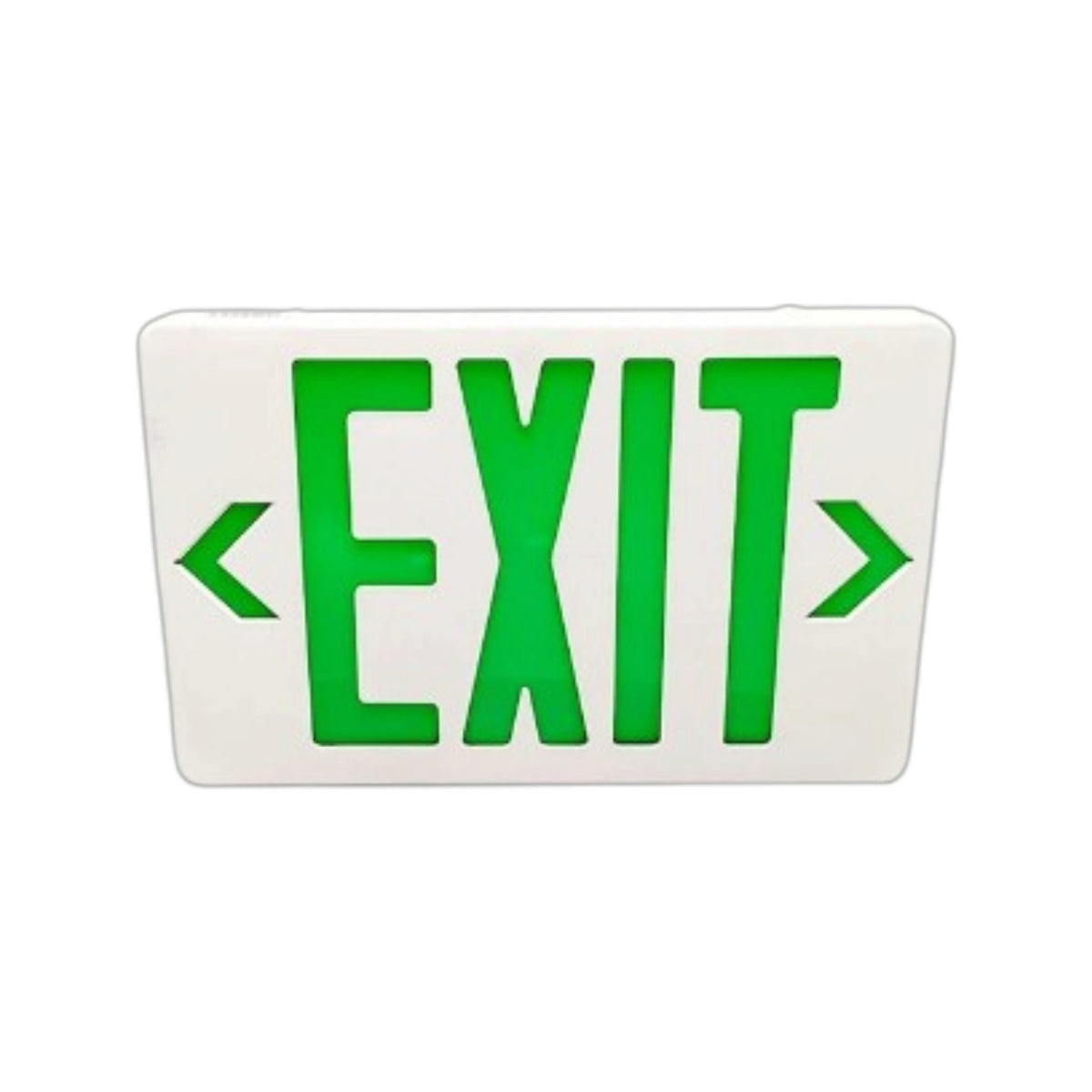 A rectangular white emergency exit sign with bright green LED-style lettering reading EXIT and green arrows pointing left and right, shown on a plain white background.
