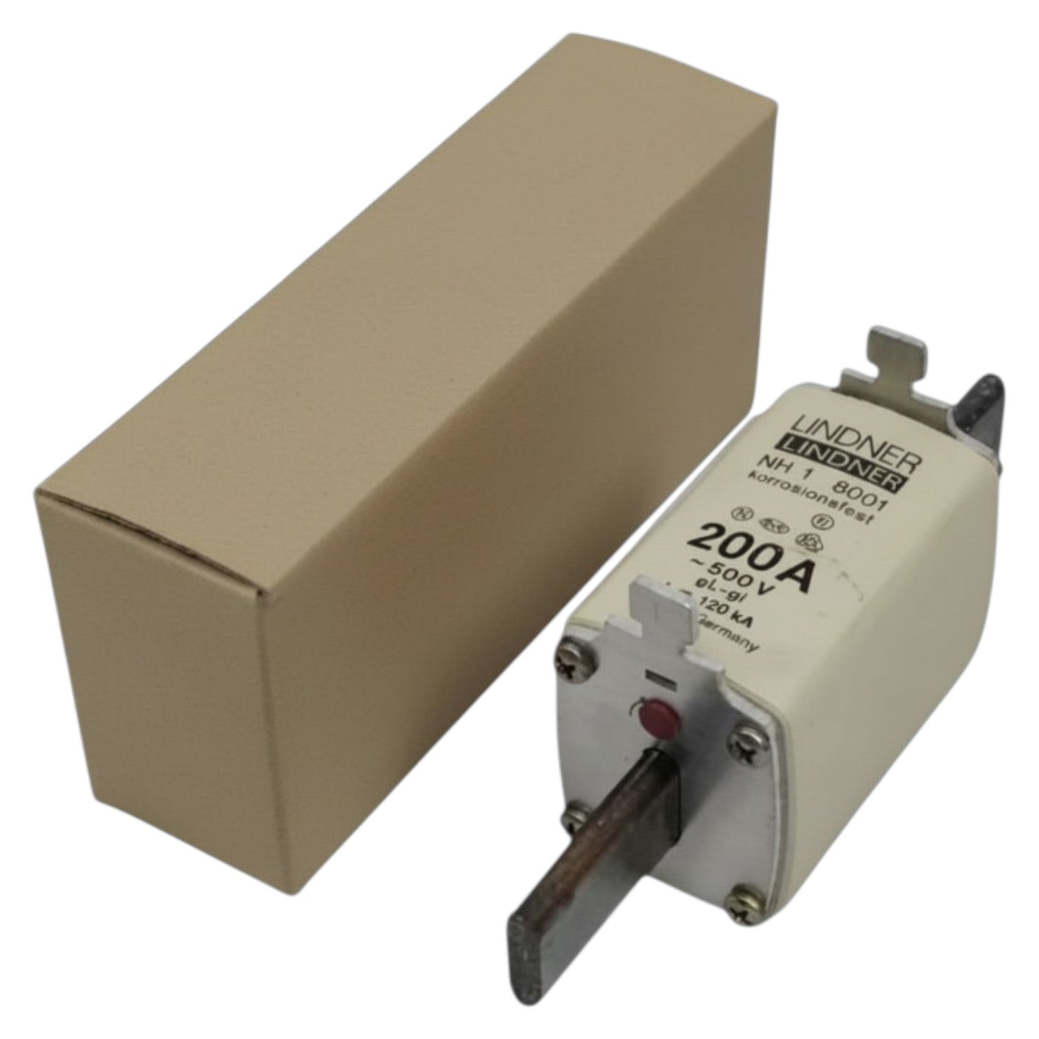 Electrical component with 'Lindner' branding next to a cardboard box on a white background