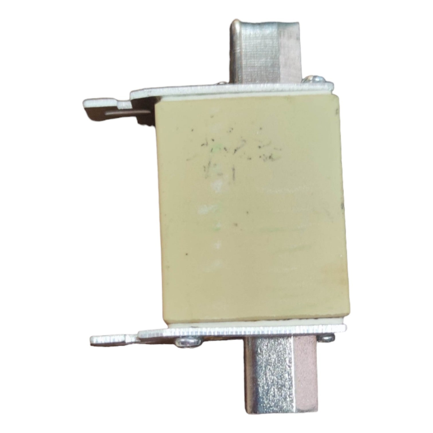 Rectangular mechanical component with metallic parts on a white background