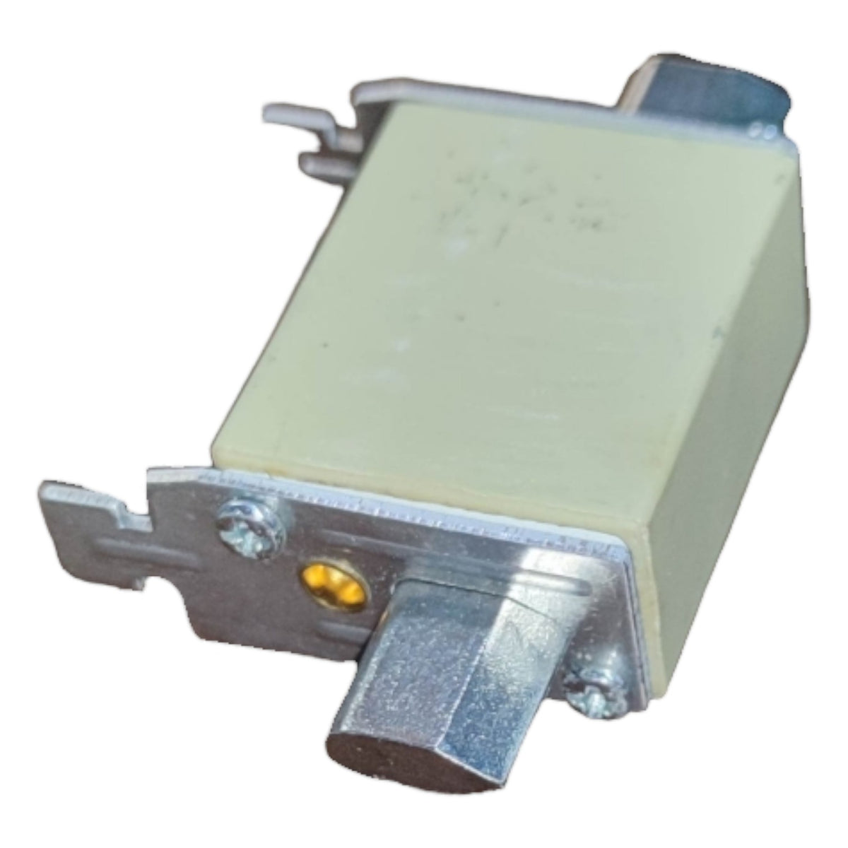 Mechanical component with metal and plastic parts on a white background